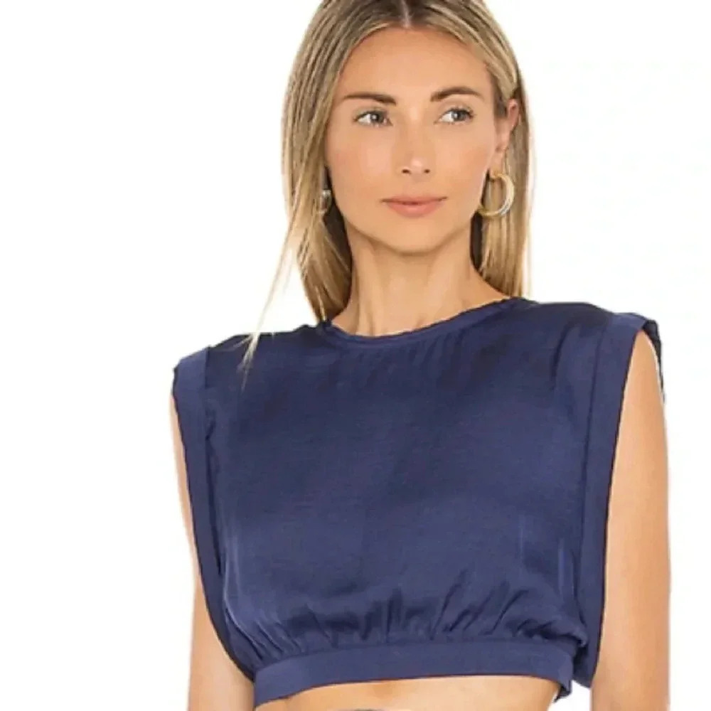 Free People Remi Crop Top in Smokey Saphire Navy Blue‎ Sz L